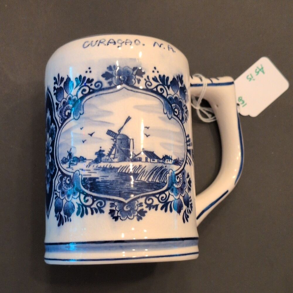 Vintage Delft Hand Painted Ceramic Mug Curacao Windmill Boat Design White